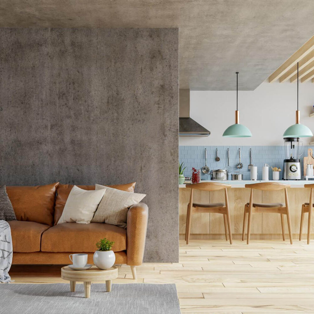 concrete wall mock up warm tones with leather sofa which is kitchen room